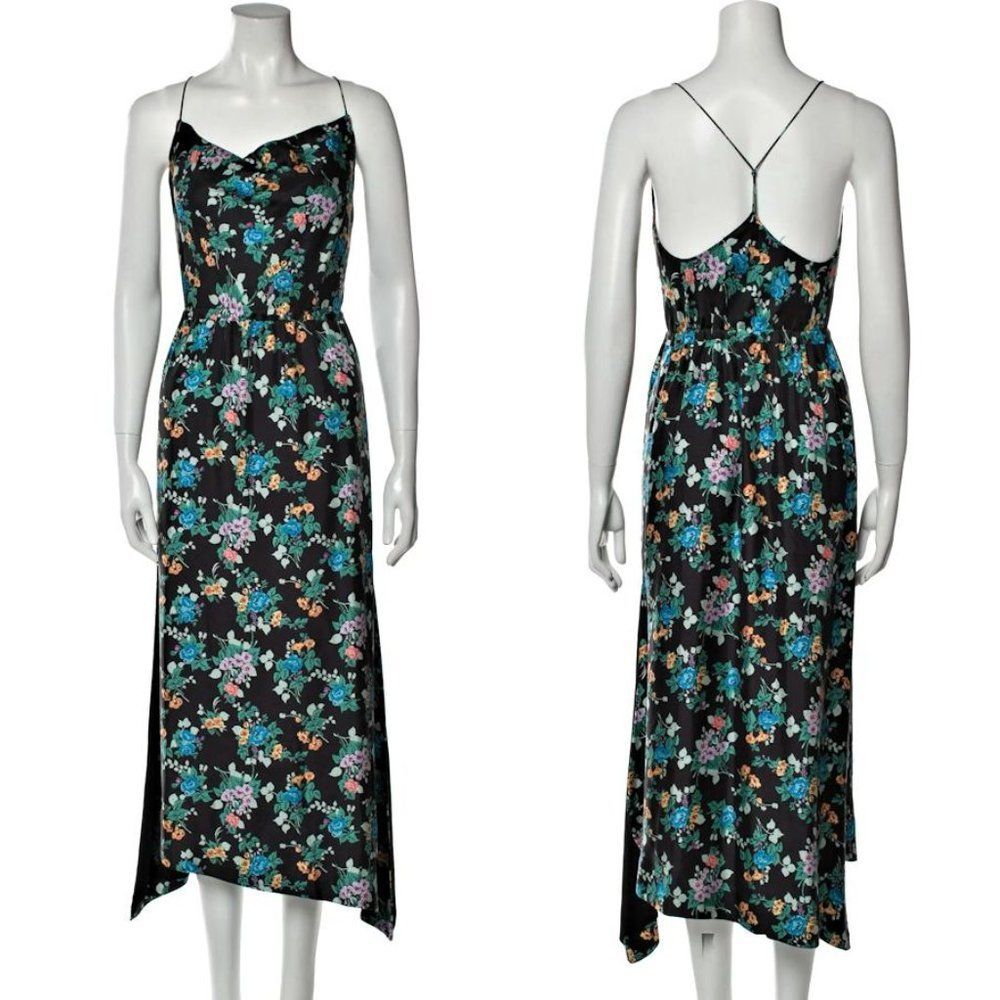 Jill Stuart Silk Formal Gown Midi Dress Cowl Neck Evening Side Slits Floral 0